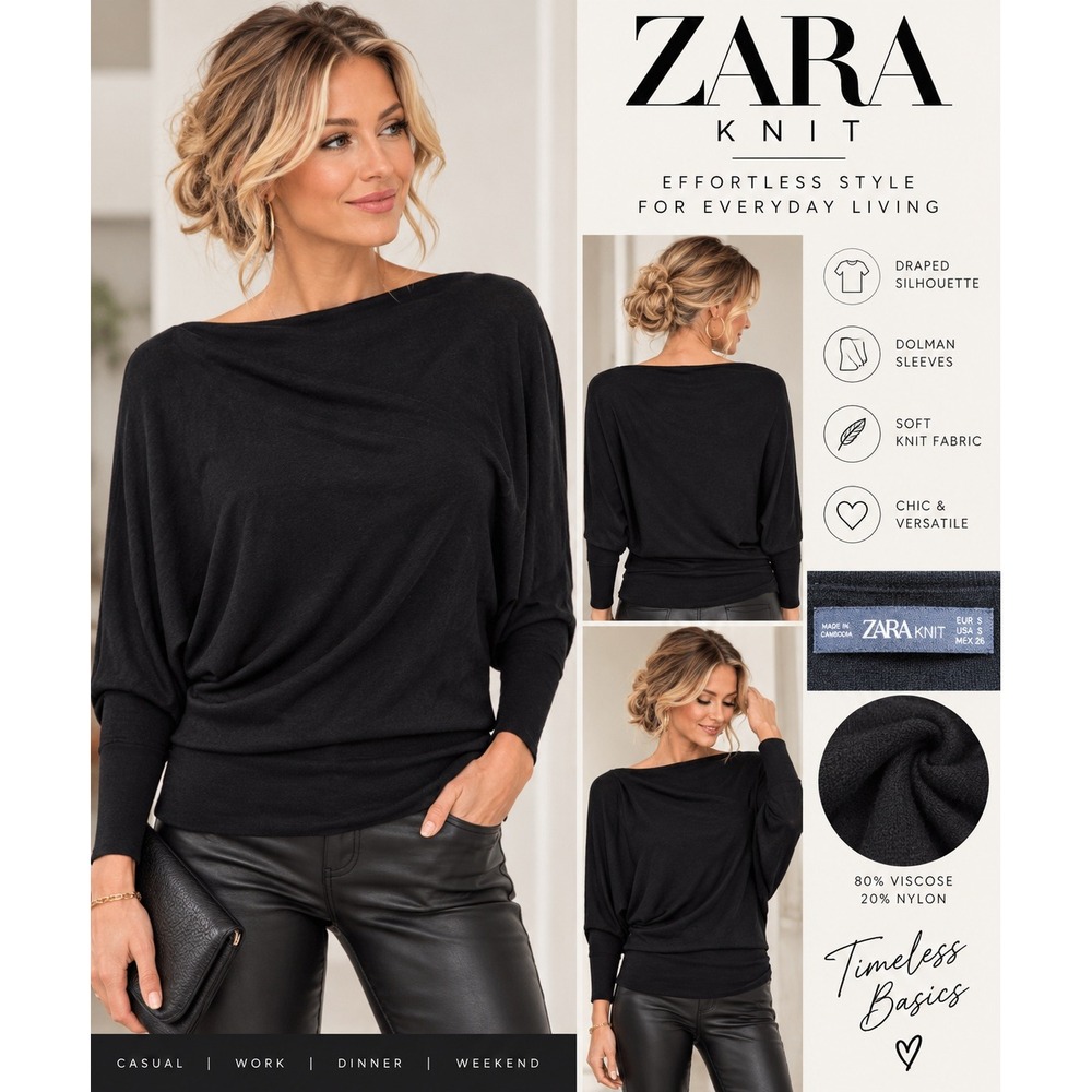 Zara Knit Black Dolman Sleeve Draped Boat Neck Sweater Small